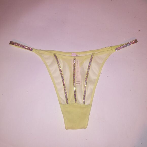 Victoria Secret Panty XL Thong Yellow Sheer Shine Strap Very Sexy New - Picture 10 of 11